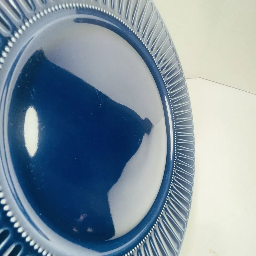 Set of 4 IKEA Strimmig Cobalt Navy Blue Ribbed Rim 10.5” Dinner Plates 12011